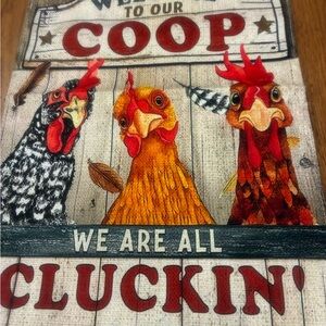 Farmhouse Chicken welcome to our coop garden flag - Red, Orange, Black